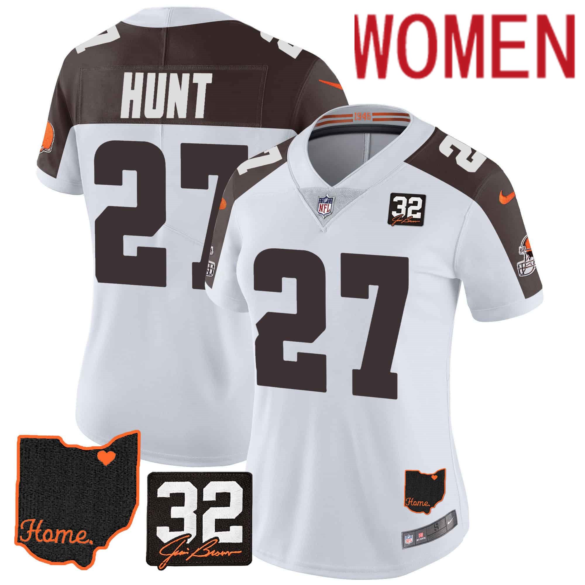 Women Cleveland Browns #27 Hunt White Memorial Home Patch 2024 Nike NFL Jersey style 1->women nfl jersey->Women Jersey